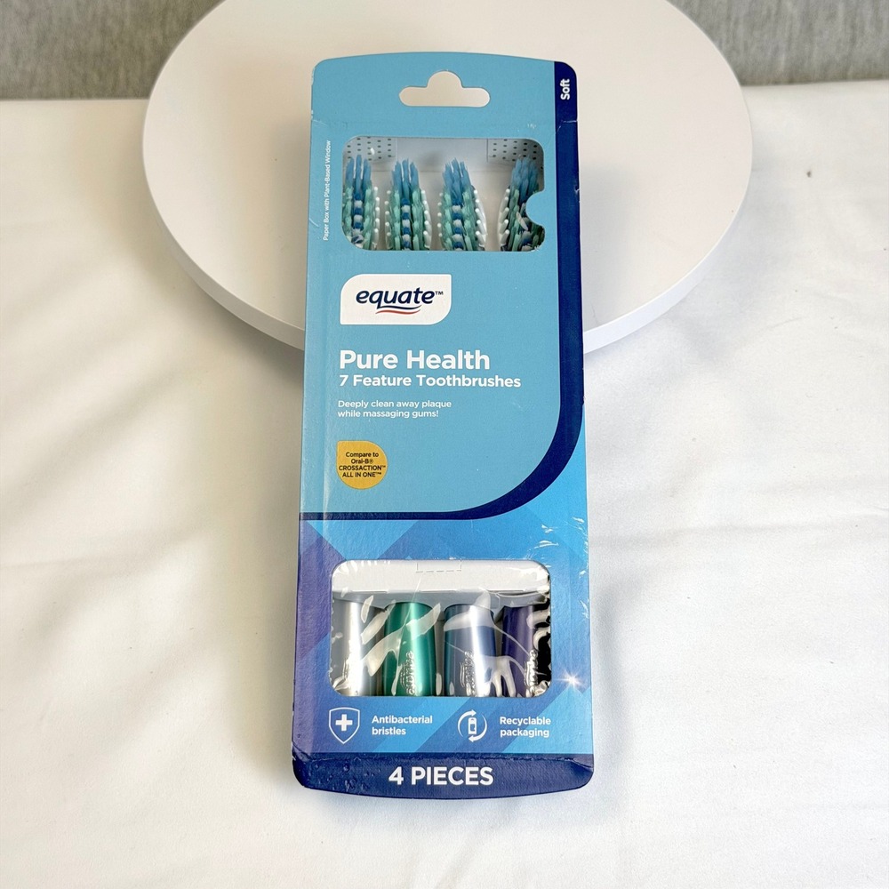 Equate Pure Health 7 Feature Toothbrushes Soft Bristles 4 Blue Green Purple